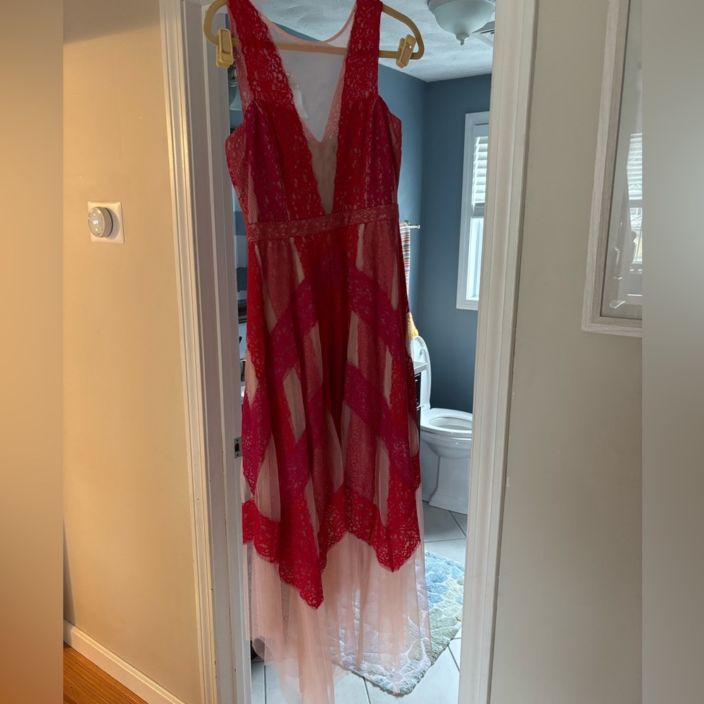 Red and Pink  Plunge Neck Gown